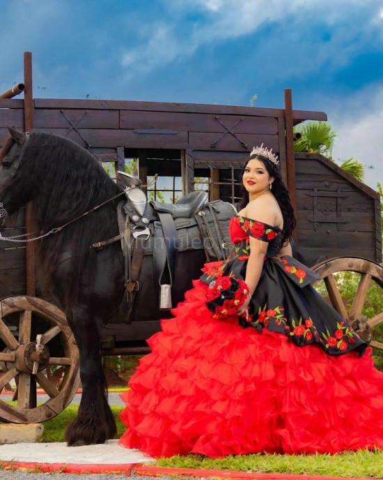 Ruffled Red Quinceanera Dress Lace Appliques Off Shoulder 15 Dresses