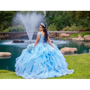 Ruffled Sky Blue Quinceanera Dress Lace Appliques Off Shoulder 15 Dresses