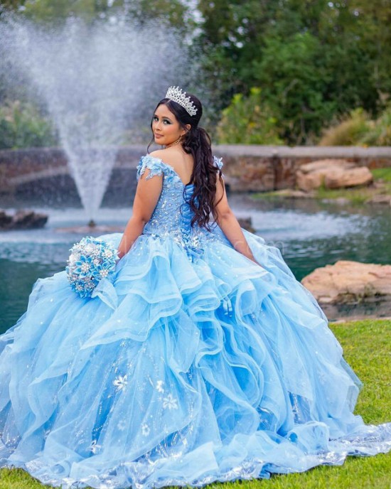 Ruffled Sky Blue Quinceanera Dress Lace Appliques Off Shoulder 15 Dresses