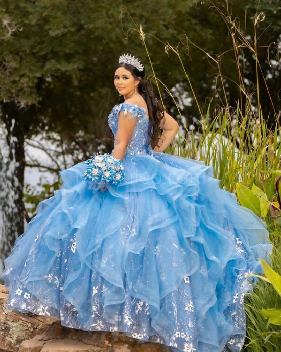 Ruffled Sky Blue Quinceanera Dress Lace Appliques Off Shoulder 15 Dresses