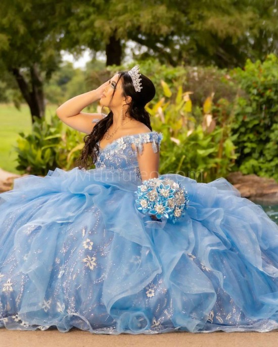 Ruffled Sky Blue Quinceanera Dress Lace Appliques Off Shoulder 15 Dresses