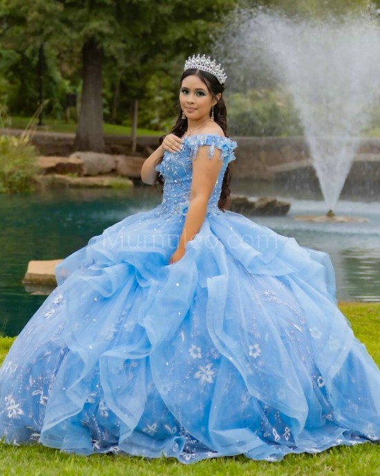 Ruffled Sky Blue Quinceanera Dress Lace Appliques Off Shoulder 15 Dresses