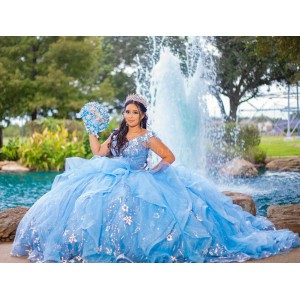 Ruffled Sky Blue Quinceanera Dress Lace Appliques Off Shoulder 15 Dresses