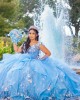 Ruffled Sky Blue Quinceanera Dress Lace Appliques Off Shoulder 15 Dresses