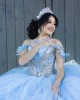 Ruffled Sky Blue Quinceanera Dress Off Shoulder Sweetheart Neck 15 Dresses