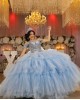 Ruffled Sky Blue Quinceanera Dress Off Shoulder Sweetheart Neck 15 Dresses