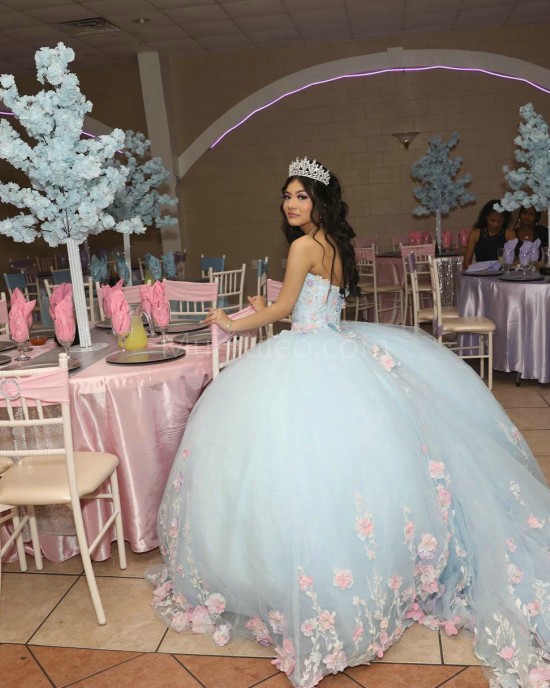 Sky Blue Quinceanera Dress Sleeveless Sweetheart Neck 15 Dresses With 3D Flowers