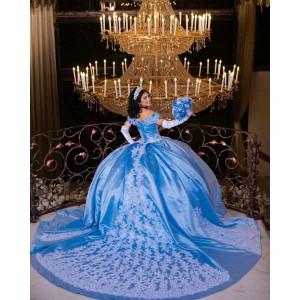 Sky Blue Sleeveless Quinceanera Dress Lace Appliques Sweetheart Neck 15 Dresses