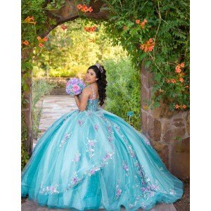 Sleeveless Aqua Quinceanera Dress Sweetheart Neck 15 Dresses With 3D Flowers