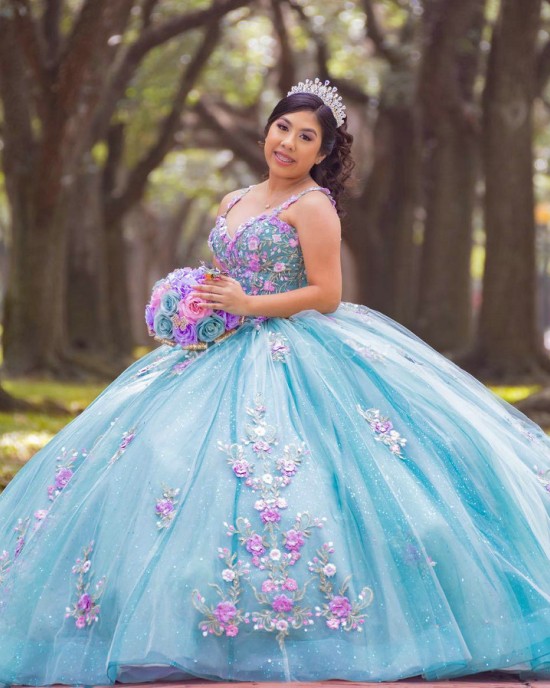 Sleeveless Aqua Quinceanera Dress Sweetheart Neck 15 Dresses With 3D Flowers