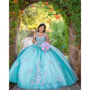 Sleeveless Aqua Quinceanera Dress Sweetheart Neck 15 Dresses With 3D Flowers