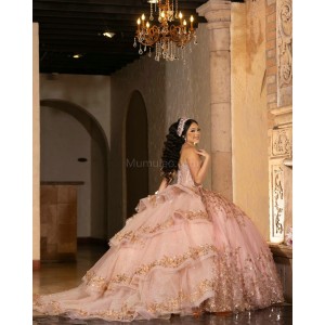 Sleeveless Rose Gold Quinceanera Dress V Neck Metallic Sequin 15 Dresses