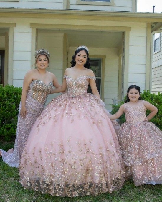 Sleeveless Rose Gold Quinceanera Dress V Neck Metallic Sequin 15 Dresses