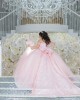 Spaghetti Strap Pink Quinceanera Dress Lace Appliques Sweetheart Neck 15 Dresses With Bow