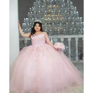 Spaghetti Strap Pink Quinceanera Dress Lace Appliques Sweetheart Neck 15 Dresses With Bow