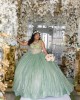 Spaghetti Strap Sage Green Quinceanera Dress Lace Appliques V Neck 15 Dresses