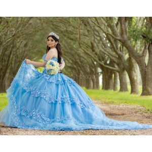 Spaghetti Strap Sky Blue Quinceanera Dress Sweetheart Neck 15 Dresses With 3D Flowers