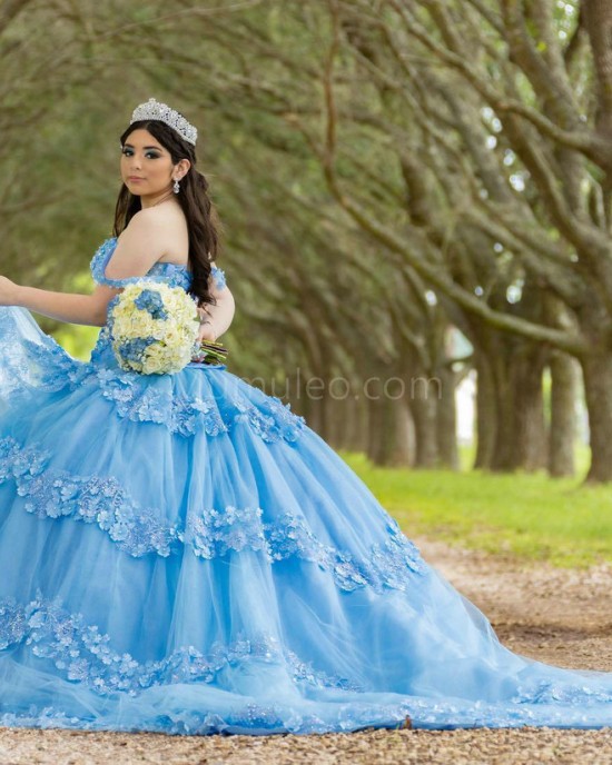 Spaghetti Strap Sky Blue Quinceanera Dress Sweetheart Neck 15 Dresses With 3D Flowers