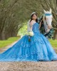 Spaghetti Strap Sky Blue Quinceanera Dress Sweetheart Neck 15 Dresses With 3D Flowers