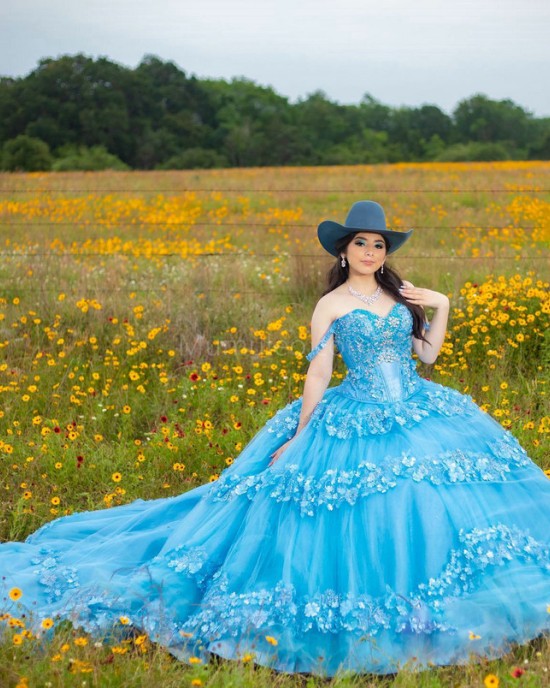 Spaghetti Strap Sky Blue Quinceanera Dress Sweetheart Neck 15 Dresses With 3D Flowers