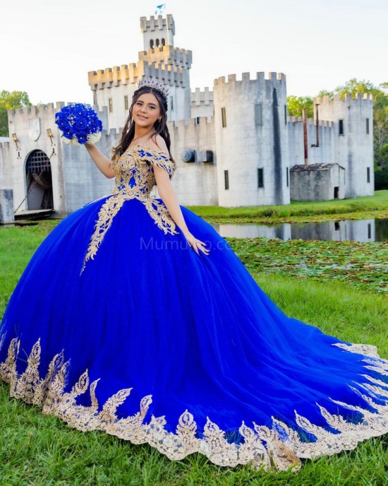 Sweetheart Neck Navy Blue Quinceanera Dress Lace Appliques Off Shoulder 15 Dresses