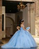 V Neck Blue Quinceanera Dress Lace Appliques Sleeveless 15 Dresses