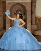 V Neck Blue Quinceanera Dress Lace Appliques Sleeveless 15 Dresses