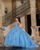 V Neck Blue Quinceanera Dress Lace Appliques Sleeveless 15 Dresses