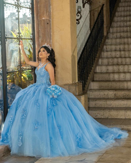 V Neck Blue Quinceanera Dress Lace Appliques Sleeveless 15 Dresses