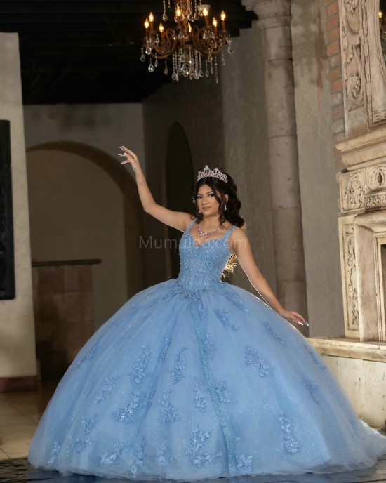 V Neck Blue Quinceanera Dress Lace Appliques Sleeveless 15 Dresses