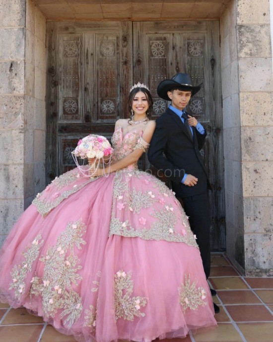 V Neck Rose Gold Quinceanera Dress Lace Appliques Off Shoulder 15 Dresses