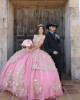 V Neck Rose Gold Quinceanera Dress Lace Appliques Off Shoulder 15 Dresses