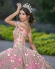 V Neck Rose Gold Quinceanera Dress Lace Appliques Off Shoulder 15 Dresses