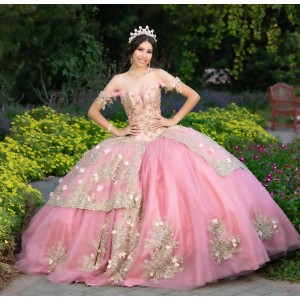 V Neck Rose Gold Quinceanera Dress Lace Appliques Off Shoulder 15 Dresses