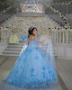 Cape Sleeve Sky Blue Quinceanera Dress 3D Flowers Sweetheart Neck 15 Dresses