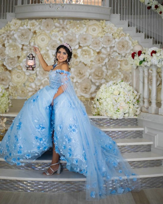 Cape Sleeve Sky Blue Quinceanera Dress 3D Flowers Sweetheart Neck 15 Dresses