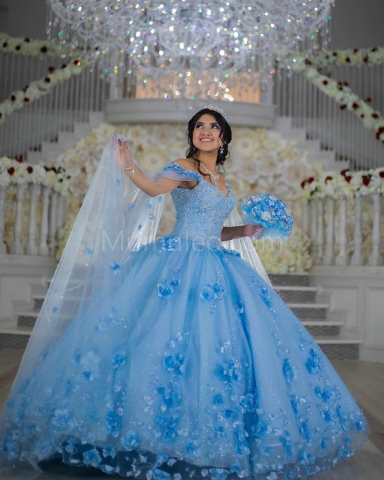 Cape Sleeve Sky Blue Quinceanera Dress 3D Flowers Sweetheart Neck 15 Dresses