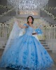 Cape Sleeve Sky Blue Quinceanera Dress 3D Flowers Sweetheart Neck 15 Dresses