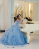 Cape Sleeve Sky Blue Quinceanera Dress 3D Flowers Sweetheart Neck 15 Dresses