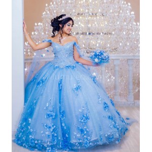 Cape Sleeve Sky Blue Quinceanera Dress 3D Flowers Sweetheart Neck 15 Dresses