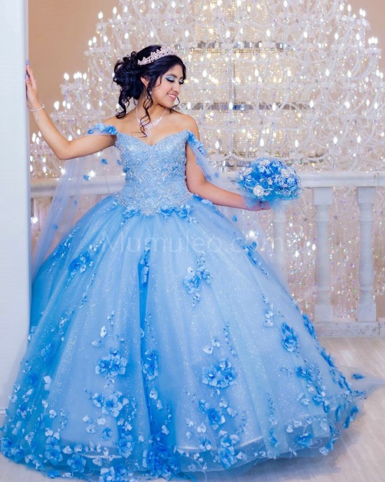 Cape Sleeve Sky Blue Quinceanera Dress 3D Flowers Sweetheart Neck 15 Dresses