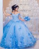 Cape Sleeve Sky Blue Quinceanera Dress 3D Flowers Sweetheart Neck 15 Dresses