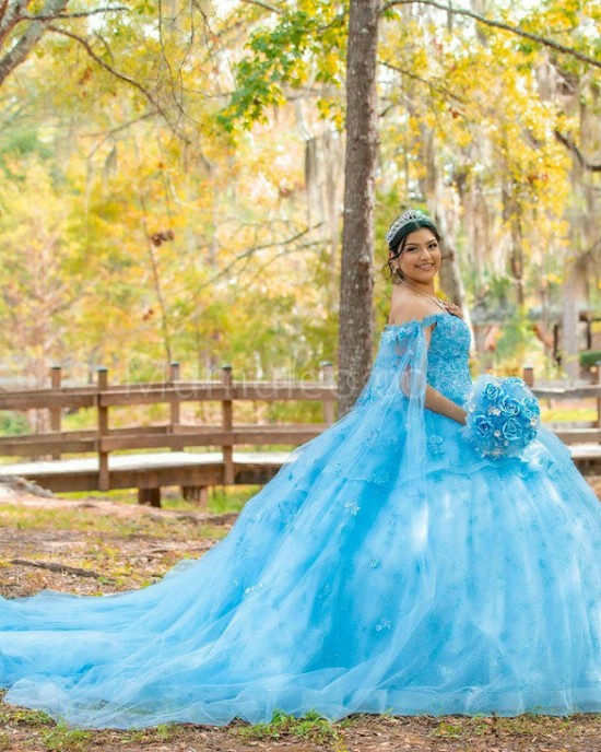 Cape Sleeve Sky Blue Quinceanera Dress Lace Appliques Sweetheart Neck 15 Dresses