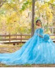 Cape Sleeve Sky Blue Quinceanera Dress Lace Appliques Sweetheart Neck 15 Dresses