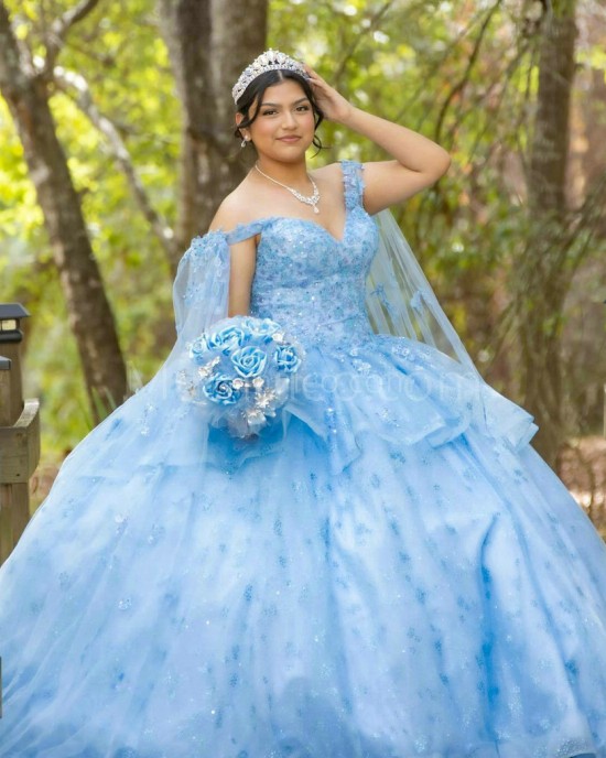 Cape Sleeve Sky Blue Quinceanera Dress Lace Appliques Sweetheart Neck 15 Dresses