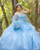 Cape Sleeve Sky Blue Quinceanera Dress Lace Appliques Sweetheart Neck 15 Dresses