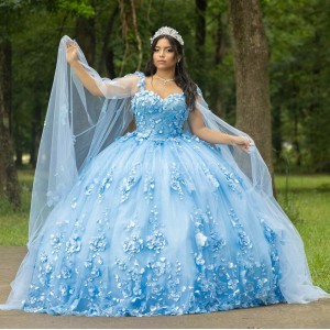 Cape Sleeve Sky Blue Quinceanera Dress Sweetheart Neck 15 Dresses With 3D Flowers