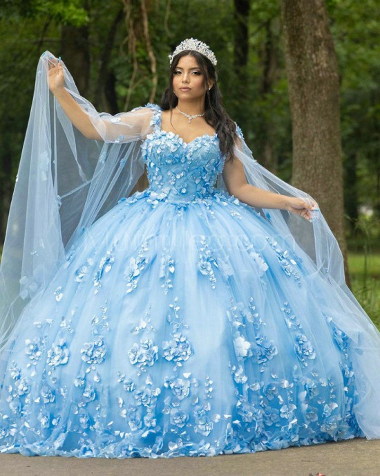 Cape Sleeve Sky Blue Quinceanera Dress Sweetheart Neck 15 Dresses With 3D Flowers