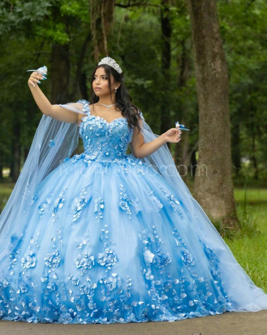 Cape Sleeve Sky Blue Quinceanera Dress Sweetheart Neck 15 Dresses With 3D Flowers