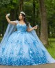 Cape Sleeve Sky Blue Quinceanera Dress Sweetheart Neck 15 Dresses With 3D Flowers